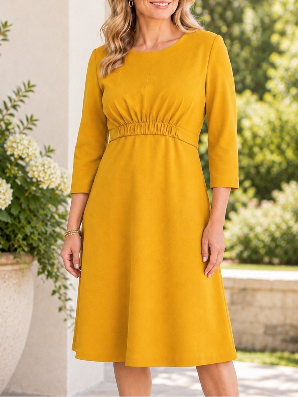 Calvin Klein Mustard Yellow Ruched Empire Waist Fit & Flare Dress Size 10